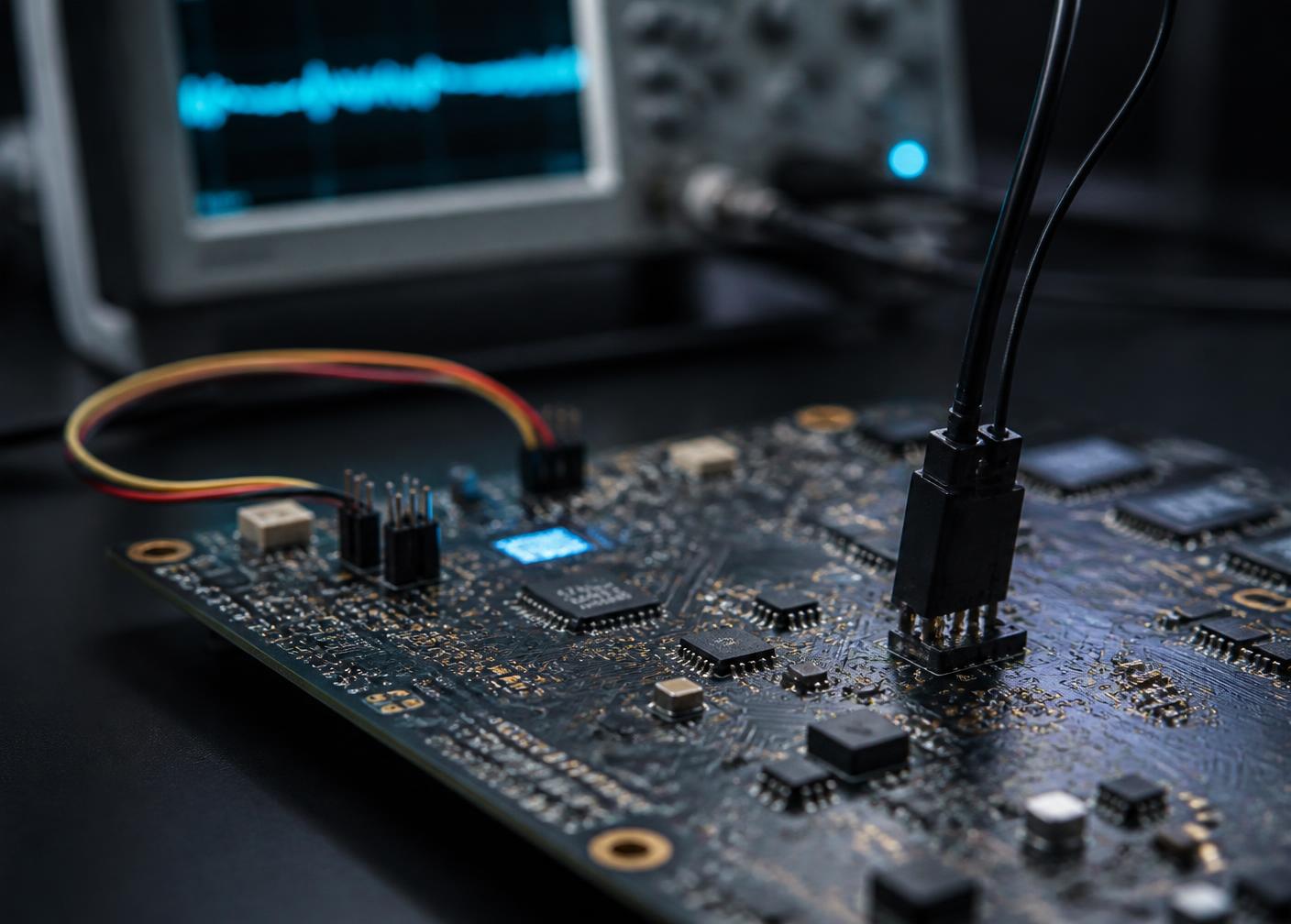 Custom embedded board under bring-up on a lab bench with a debug probe attached and an oscilloscope trace behind it