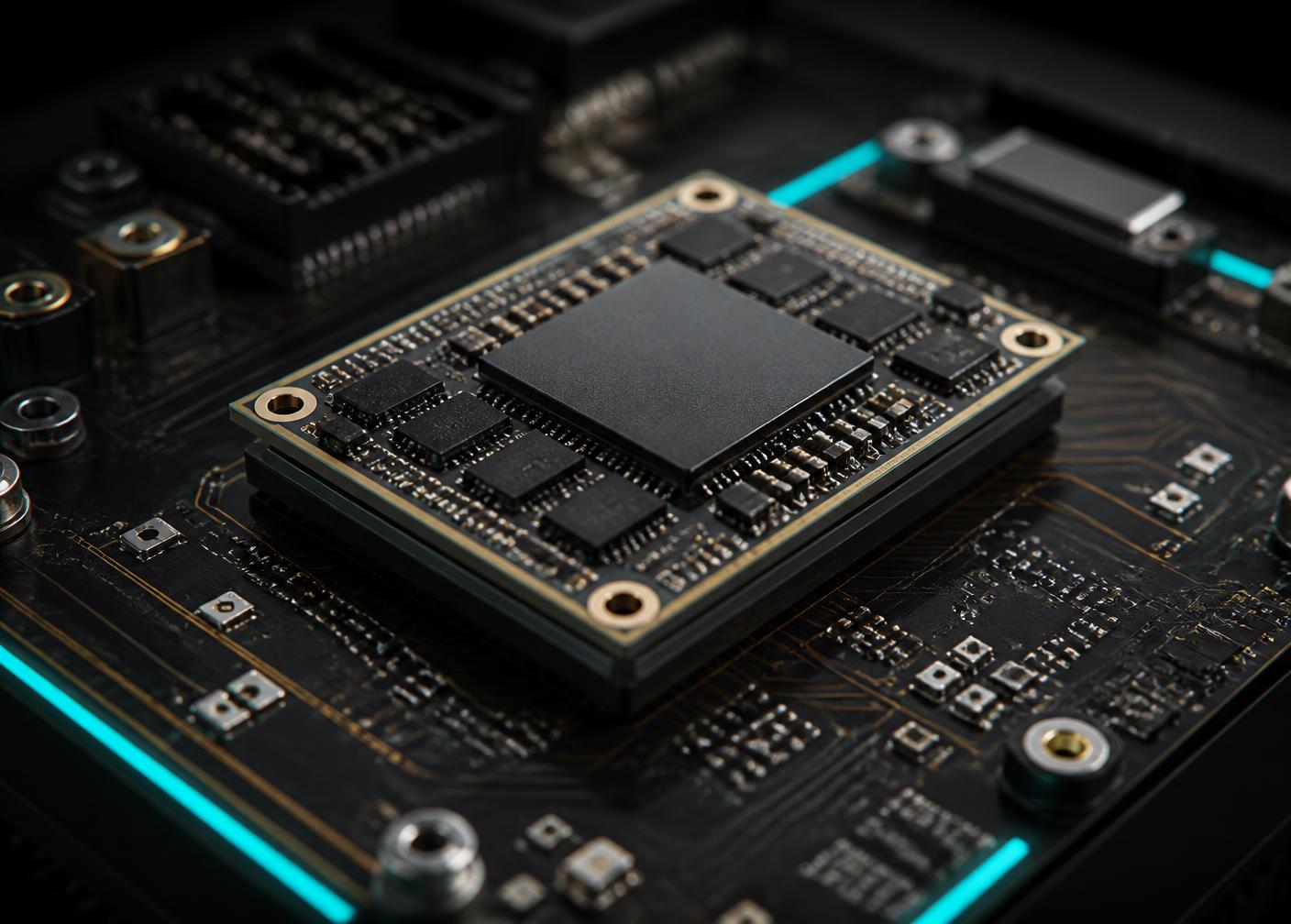 Macro view of a Xelec-designed embedded board with an AI accelerator module seated in its socket